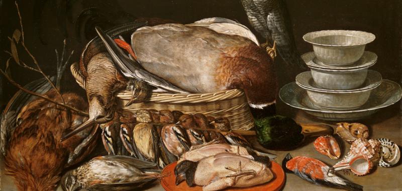 Bodegón con gavilán, aves, porcelana y conchas